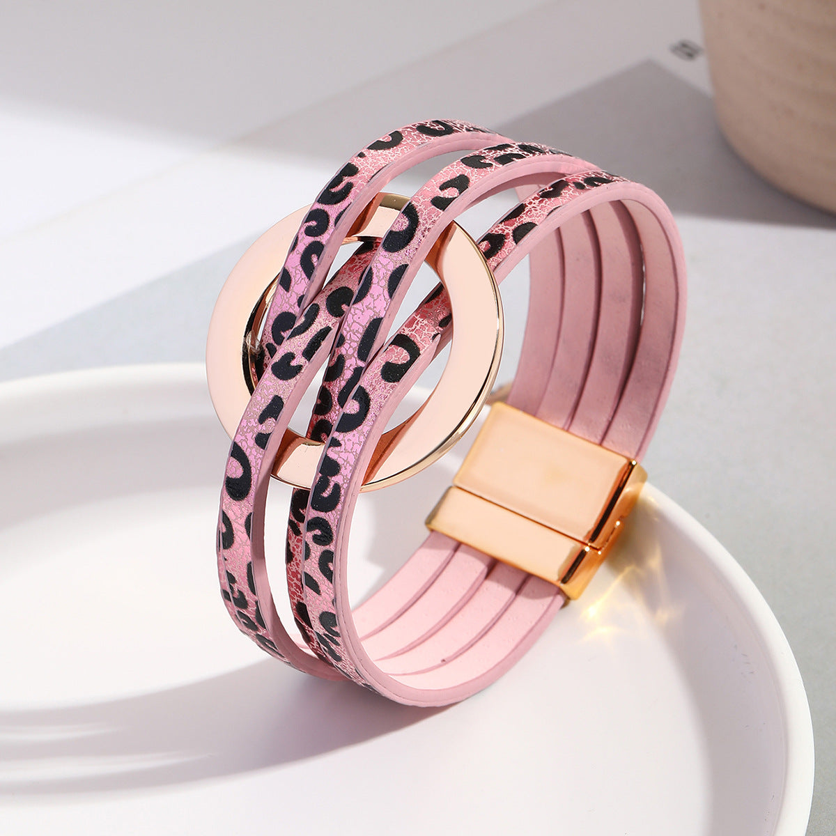 Wholesale Metal Leather Cross Women's Large Hoop Cuff Multi-layer Wristband Magnetic Clasp Bracelet